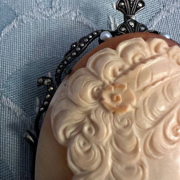 Antique Vintage Womens Pin Pendant 925 Sterling Silver Shell Cameo Brooch - Picture 9 of 16